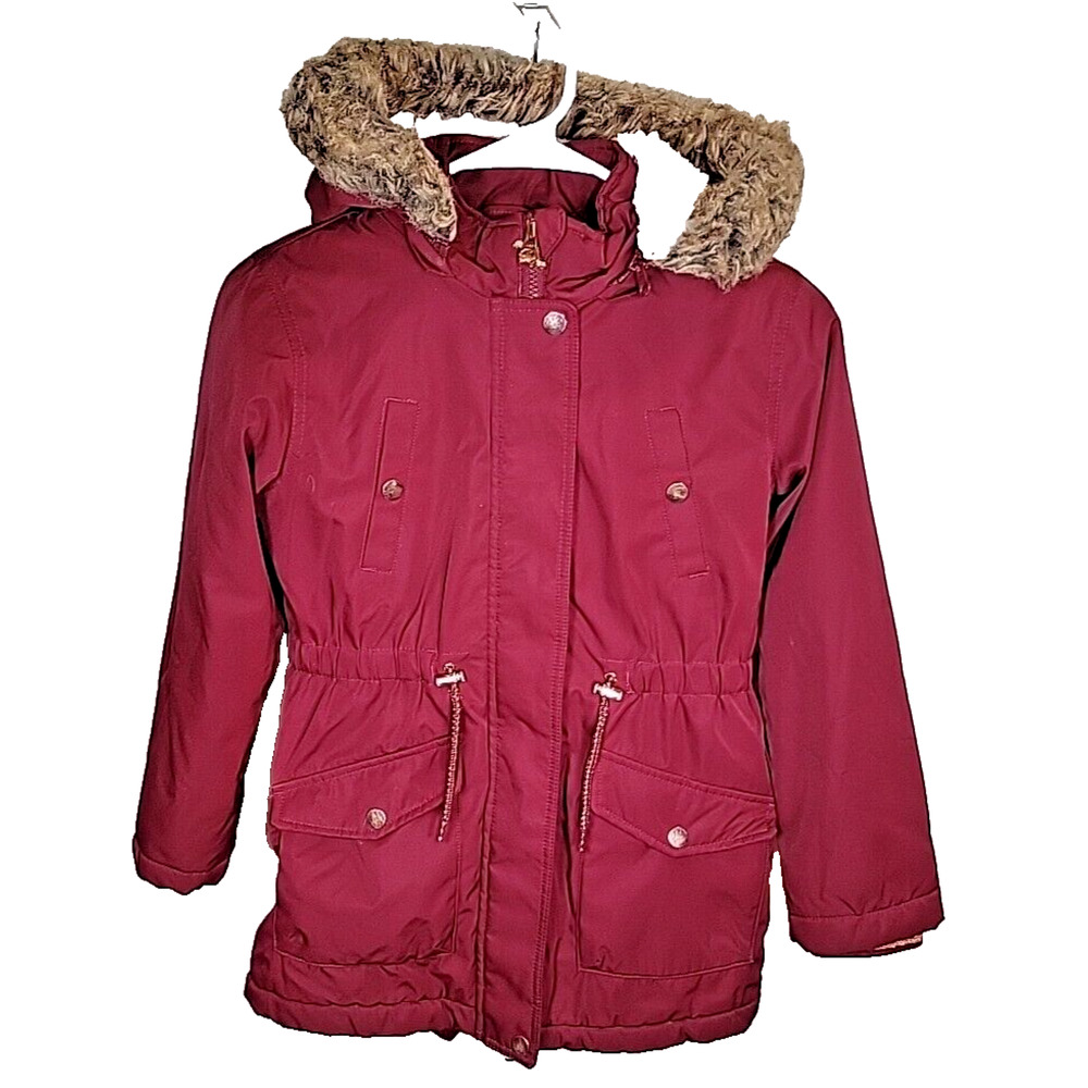 Member's Mark Burgundy Fleece Lined Parka Jacket Coat Faux Fur Hood Size 7/8